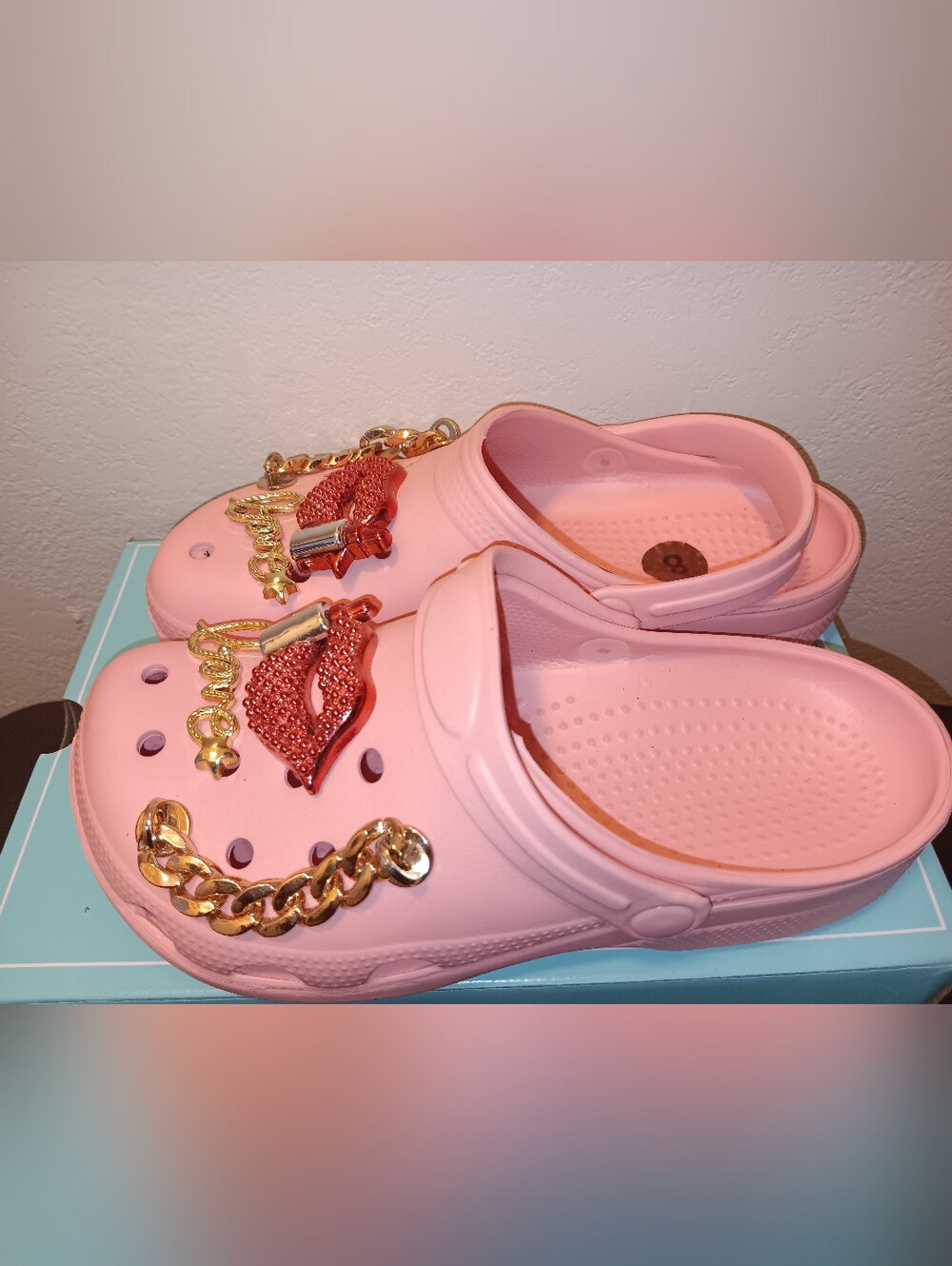 Women's Pink Slip-On Clog Sandals with Gold Chain & Charm Accents